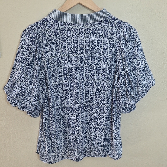 THML Top Alayah Floral Striped Ric-Rac Puff Sleeve Blue White Womens Size Small - Picture 5 of 11